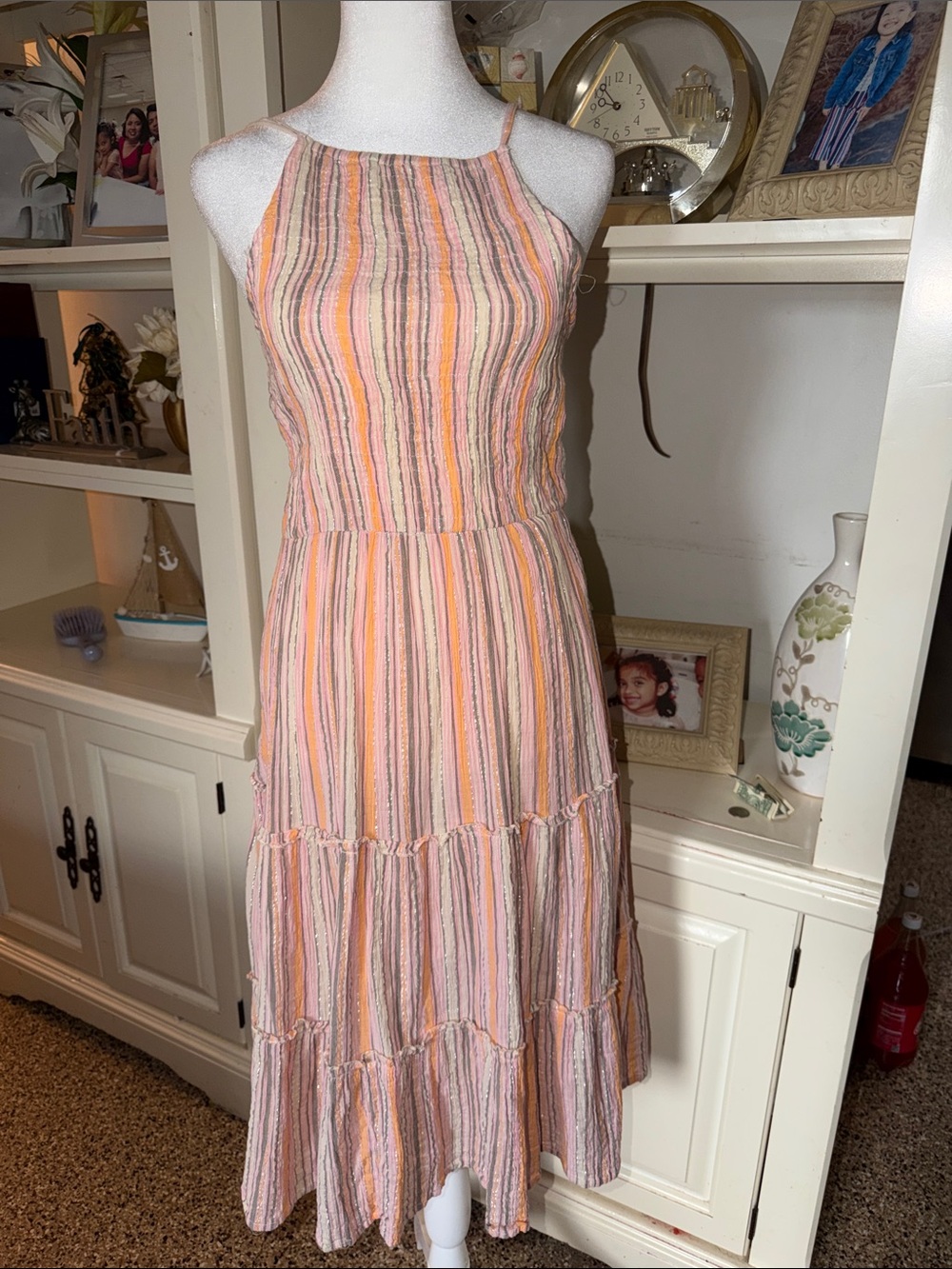 Sleeveless Striped Summer Midi Dress in Peach and Pink